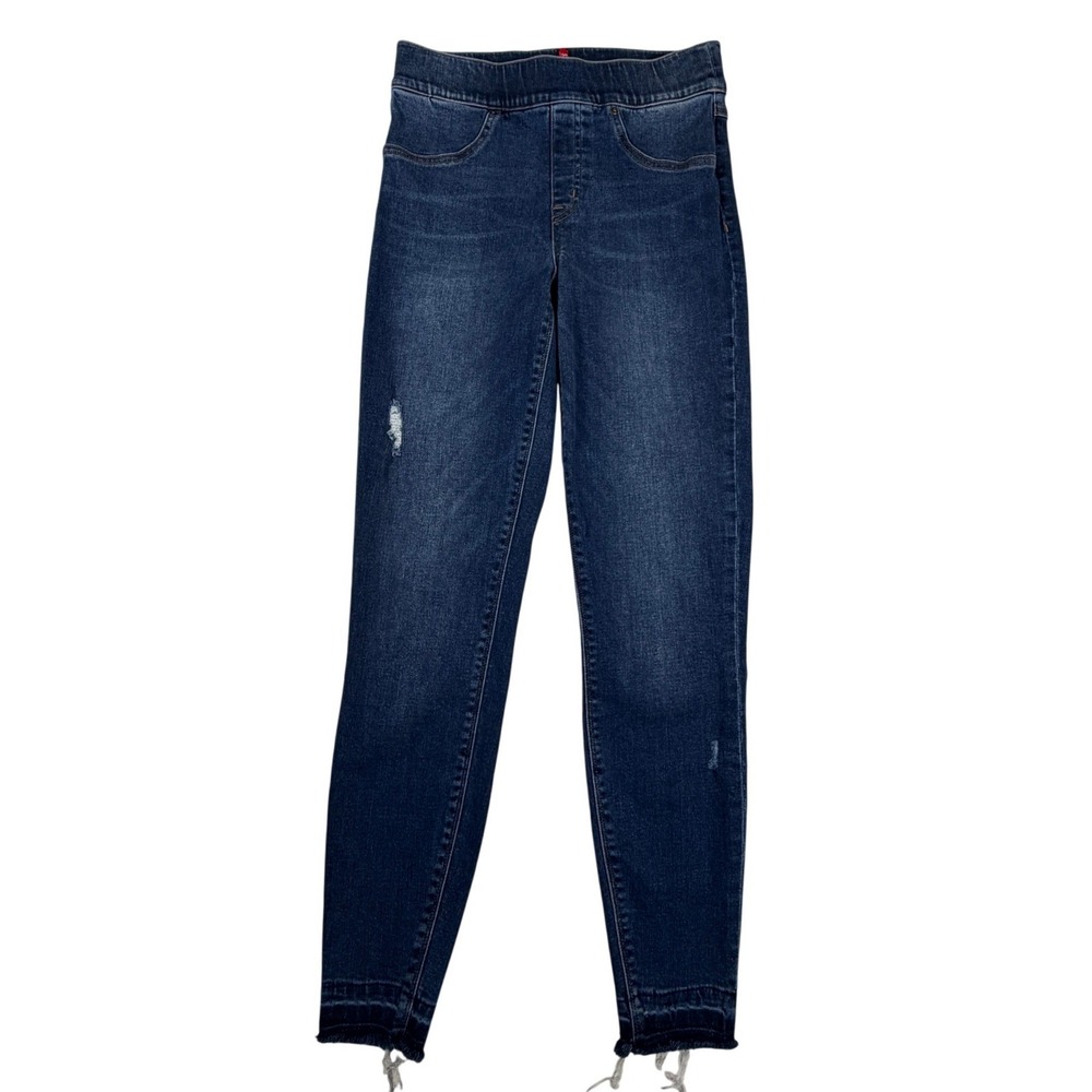 Spanx Womens High Waisted Distressed Denim Leggings Dark Wash Raw Hem S/P 27
